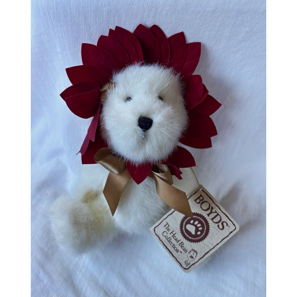 Boyds The Head Bean Collection 6in White Plush Bear Red Flower Ribbon w/ Tag